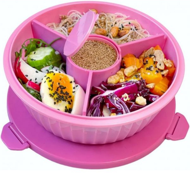 얌박스 포케볼 샐러드 도시락통 3단 원형 샐러드볼 과일통, 구아바핑크, 1개