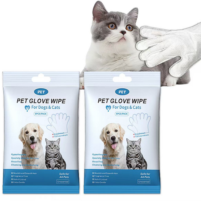 강아지 물장갑 목욕 티슈 휴대용 애견 청소 장갑 무자극 장갑형 샤워티슈, 2개, 6개입