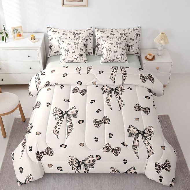 Feelyou Bow Comforter Set with Sheets 7 Piece Twin Size Bowknot Bed in a Bag Kids Boys Girls Leopa