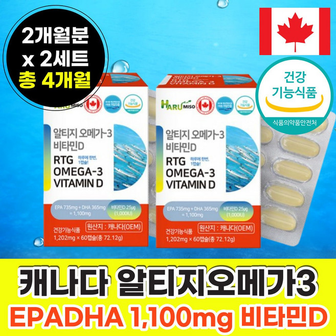 캐나다 rt지 오메가 3 1100 mg 비타민 D 장용성 캡슐 오매가 쓰리 앤쵸비 멸치 알티 지 즈 오에가 스리 오메3 중년 노인 시니어 여성 알디 일티 지 남자 하루 1 캡술 한 알 정 추천 중 장 년 층 성인 실버, 60정, 2개