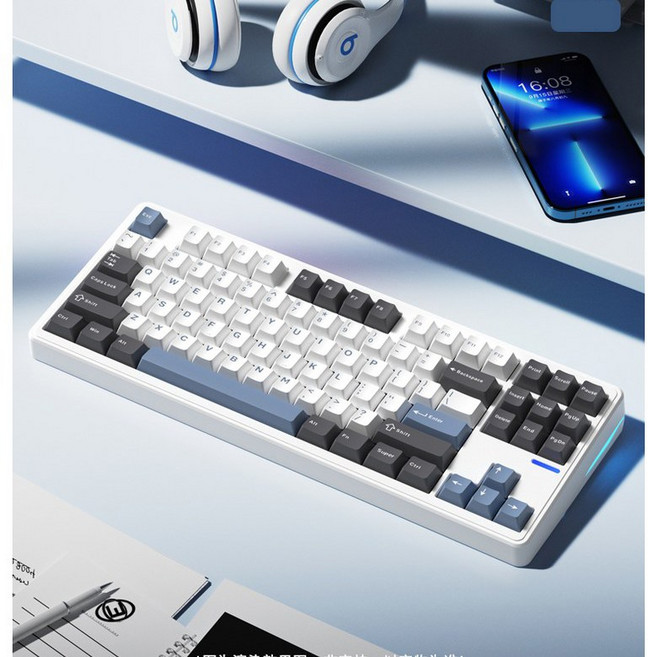 Riccks RS8 업그레이드 무선 기계식 키보드 87키 텐키리스 키보드 4000/8000mAh, 07화이트네이비 핑크치즈축 4000mAh