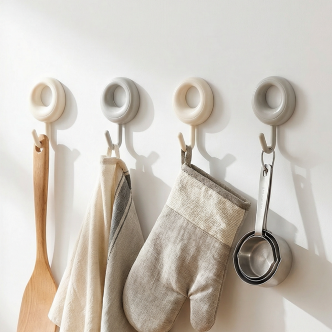 올리올망 접착식 벽걸이 후크 무타공 걸이, 4개, 아이보리+그레이