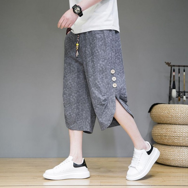 ORZQU 남자 여름 아이스 7부 바지 루즈핏 빅 사이즈 자카드 와이드 팬츠 단추 스트레이트 트레이닝 바지