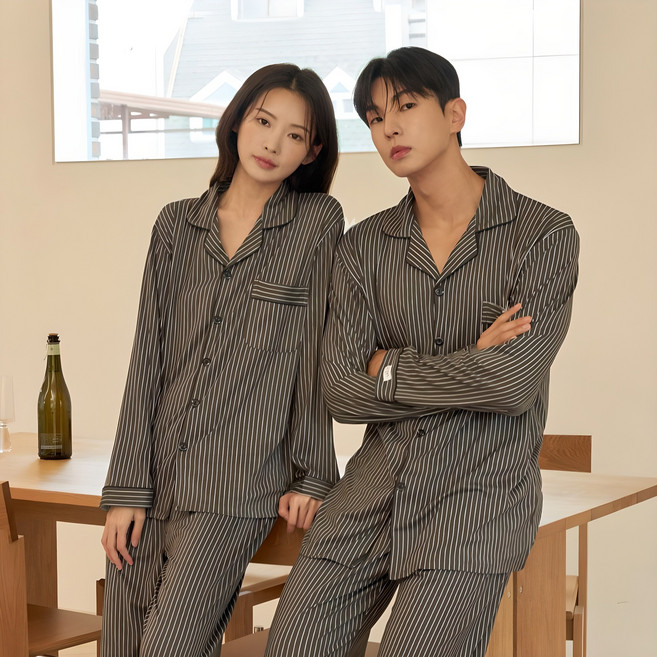 도씨 피치기모 싱글라인 긴팔 카라 커플 잠옷 상하의 세트 D-9903
