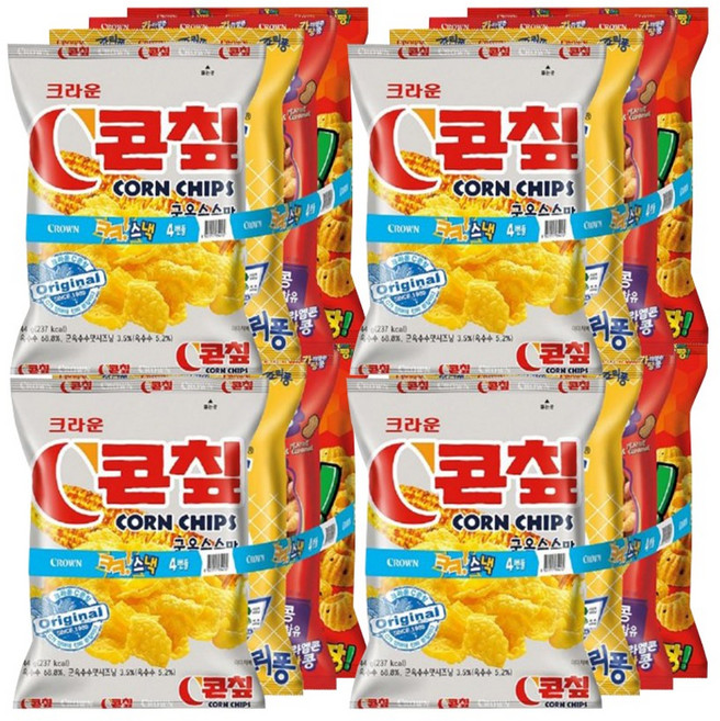 크라운 크크스낵4번들 / 크라운 봉지과자 기획팩 콘칩 죠리퐁 카라멜콘땅콩 못말리는신짱, 4개, 231g