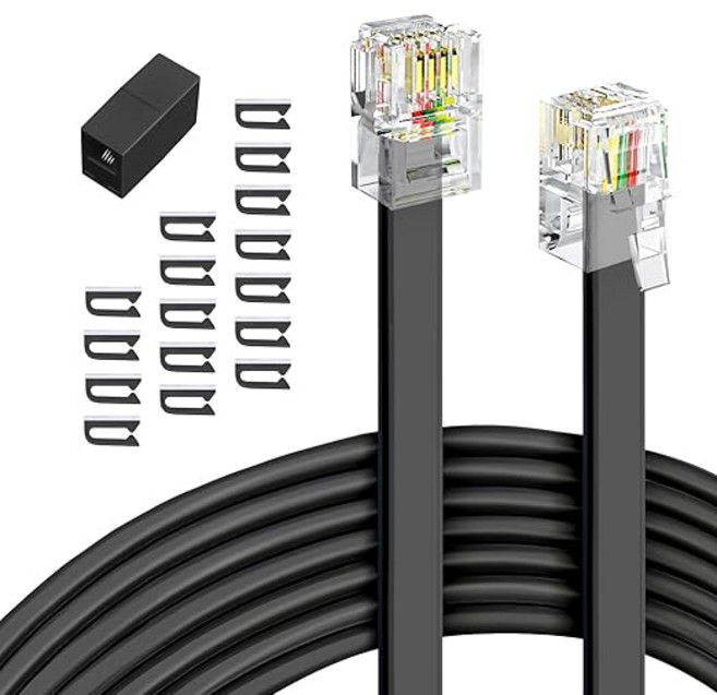 전화선 팩스선 전화선 연장선 고품질 통신 케이블, RJ11, 7.6m, 검정