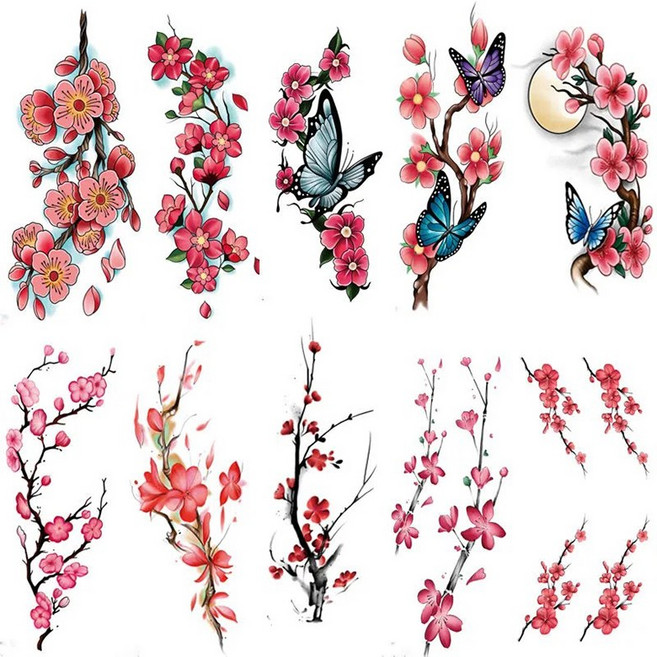 MorningSea 여름 컬러 예쁜스티커 나비 타투스티커 문신스티커꽃 여성타투스티커꽃, 10개, 분홍색