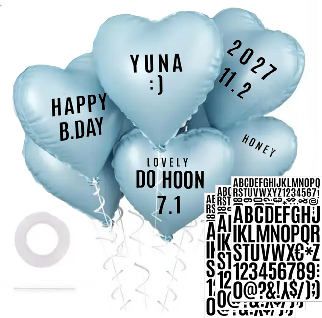 파파 파티 하트풍선 풍선끈 세트, 1세트, 하늘색 6p + 레터링 스티커 (3P)