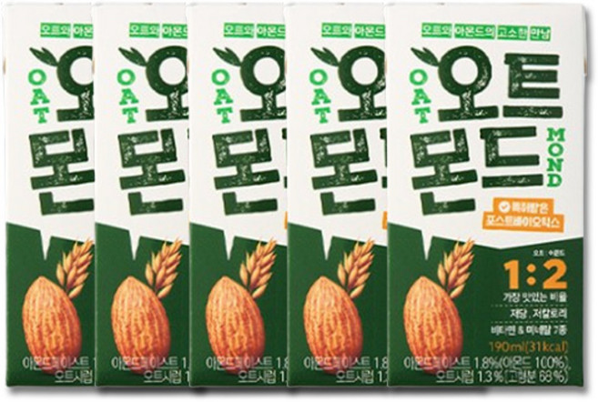 롯데칠성 오트몬드 오리지널 190ml 오트 아몬드 저당 저칼로리 간식 음료, 5개