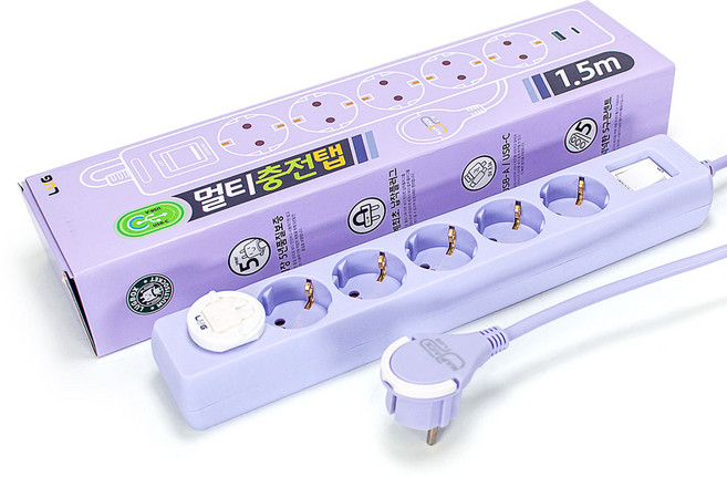 러그박스 3/5구 납작플러그 고속충전 USB C타입 고용량 3680W 멀티탭 1.5M/ 3M, 1개, 5구 퍼플, 1.5m