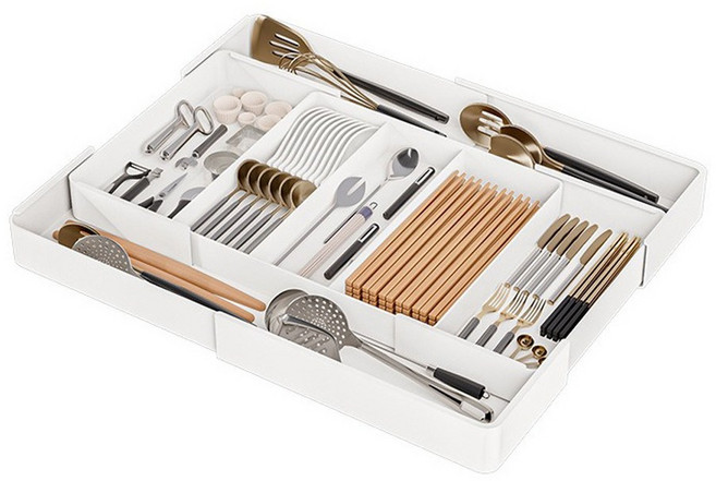 YOKOSOO 주방 정리 수납 용품 다용도 확장형 식기 서랍 정리함 조절 가능한 칸막이 수저 정리대 주방 정리, 화이트, 1개