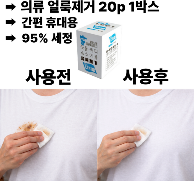 얼룩제거 휴대용 티슈 박스 20P 얼룩제거티슈 낱개포장, 1박스, 20개입