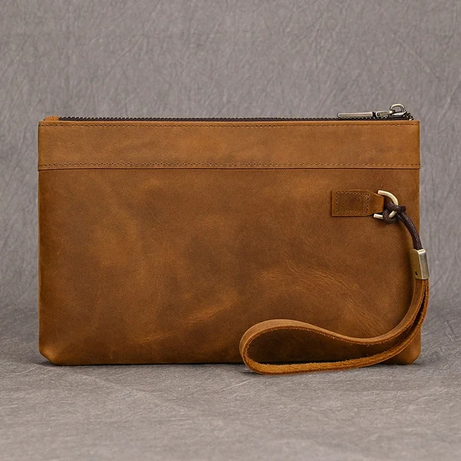 쿠쿠스토어 남녀공 진짜 가죽 장지갑 지퍼형 핸드 클러치 현금 동전 손목 휴대폰 파우치, 01 Light Brown