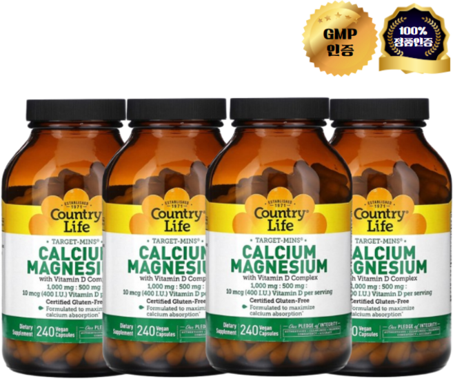 2+2 컨트리 라이프 비타민D 칼슘 마그네슘 칼마디 영양제 베지 캡슐 240정, 4개