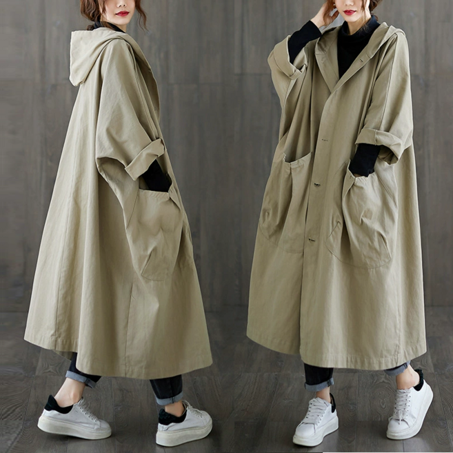 NUNUHANA 여성 오버핏 롱 트렌치 코트