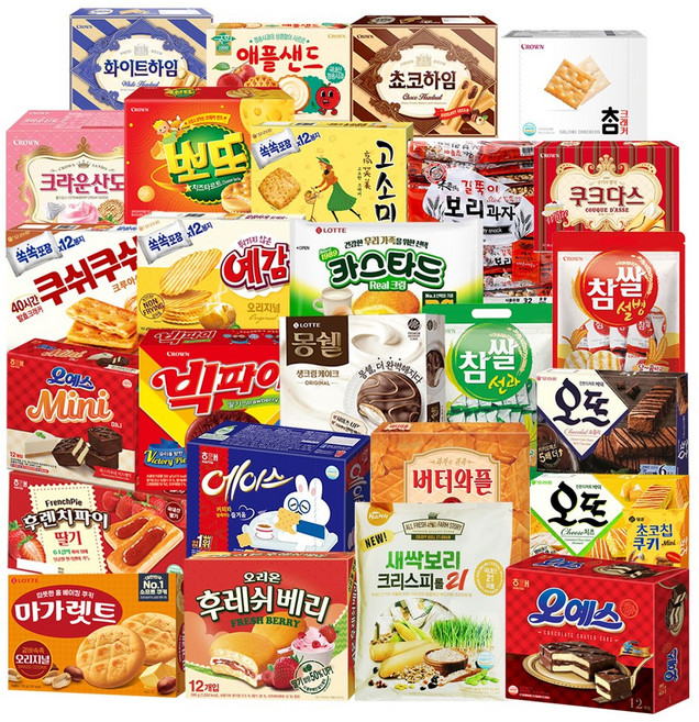 몽쉘 후레쉬베리 마가렛트 카스타드 버터와플 에이스 크리스피롤 외 (+1) 큰 용량 제품만 구성한 초 대용량 낱개포장 사무실 간식 과자세트, 1세트, 26p