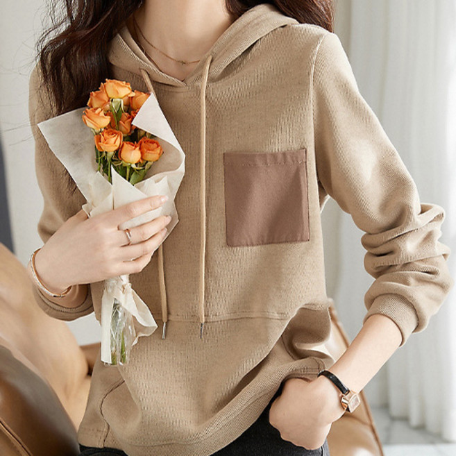 데일로엔 여성 심플 배색 포켓 후드 긴팔 티셔츠
