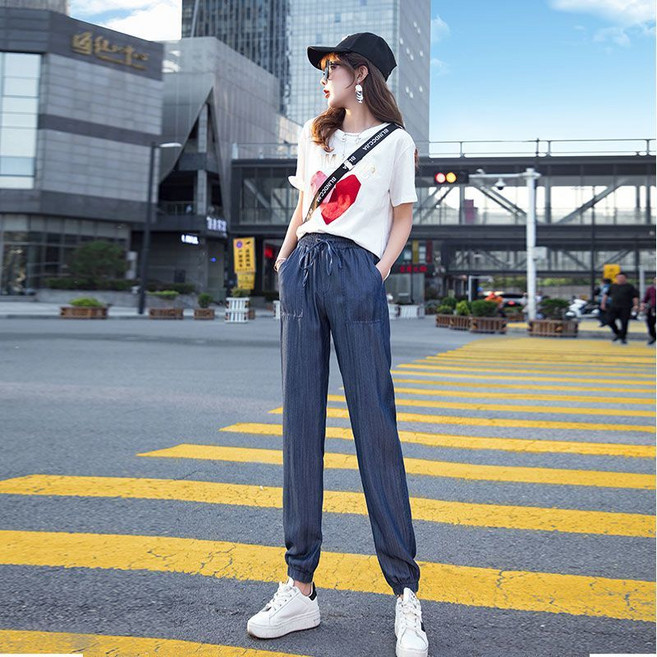 삼제태전 여름 여성 텐셀 청바지 얇은 빅사이즈 캐주얼 아이스 실크 바지 초박형 9부 조거 팬츠