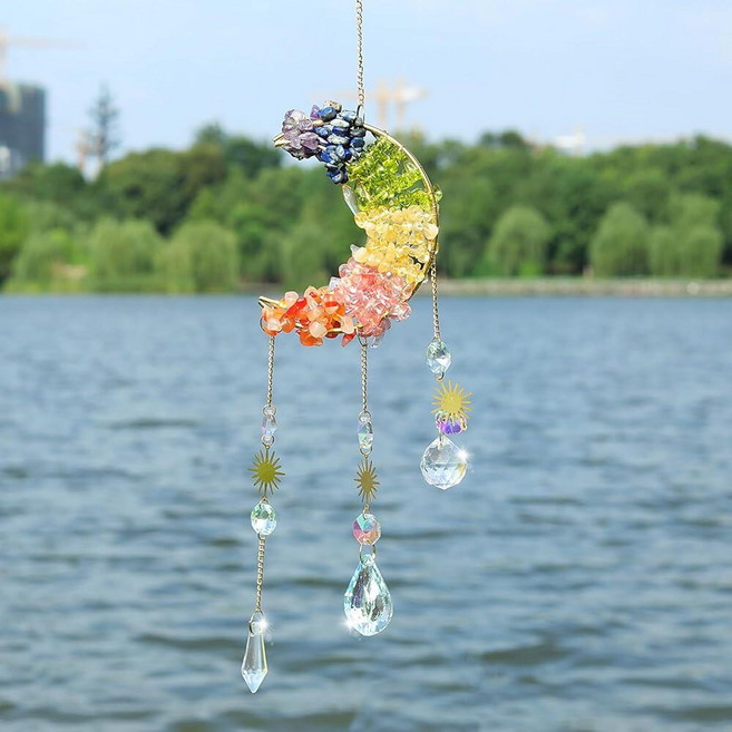 Crystal Suncatcher 다채로운 선캐처 벽걸이 크리스탈 창문 차크라 스톤 문 레인보우 메이커 유리 프리즘 크리스탈 정원 햇빛 캐처, 01 1pc, 01 03