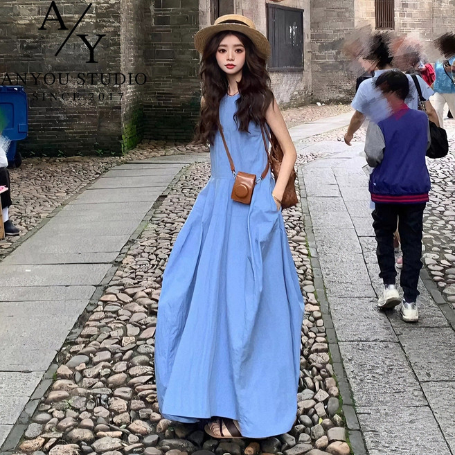 ANYOU 여름 원피스 패션 데일리룩 민소매 나시 스커트 루즈핏 롱원피스 캐주얼 여성원피스 하객룩 바캉스룩