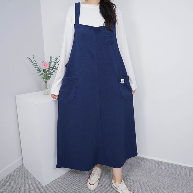 빅걸스토리 빅사이즈 여성용 리버플 패치 포켓 멜빵 끈 롱원피스