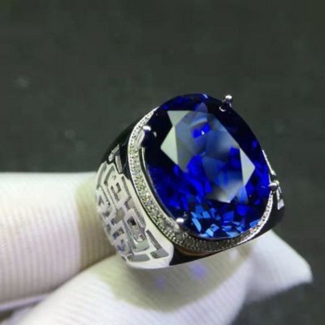 LUNE 斯里蘭卡無燒藍寶石戒指 男款18K白金色 活口設計 全淨體