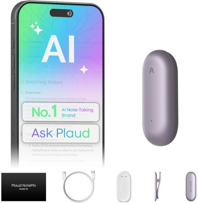 Plaud NotePin 음성 녹음기 AI 앱 제어 노트테이커 전사 및 요약 112개 언어 지원 64GB 메모리 강의 회의 선셋 퍼플용 오디오 녹음기, Purple