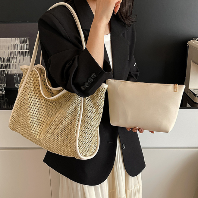 가나다라 여성 라탄 빅사이즈 토트백 숄더백 파우치세트