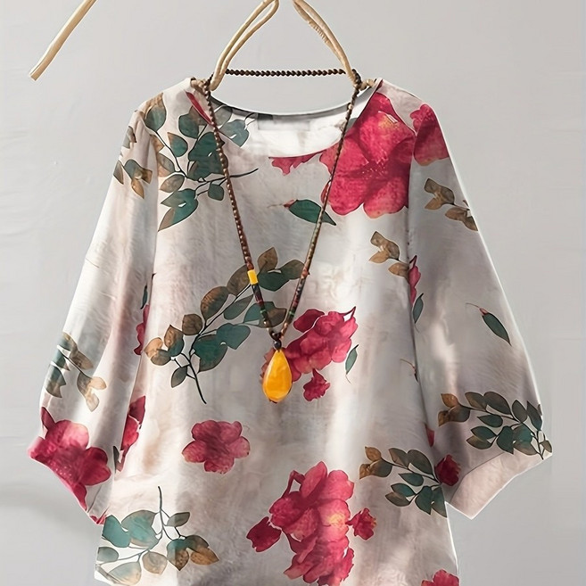 여성 린넨 플라워 블라우스 루즈핏 7부소매 내추럴 봄 여름 가을 데일리 상의