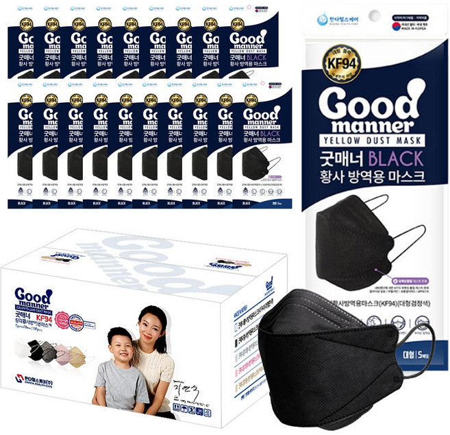 굿매너 황사마스크 대형 KF94 성인용, 5매입, 20개, 블랙