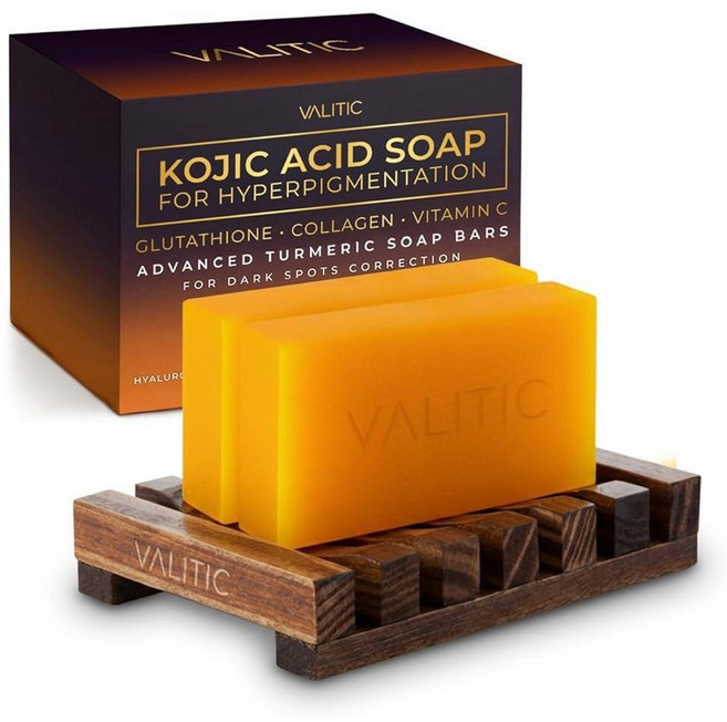 VALITIC 과색소 침착 Kojic 산성 비누 - 글루타티온 콜라겐 및 비타민 C 함유 강황이 함유된 천연 바 다크 스팟 교정 오리지널 일본 복합체 2팩, 2팩 + 홀더