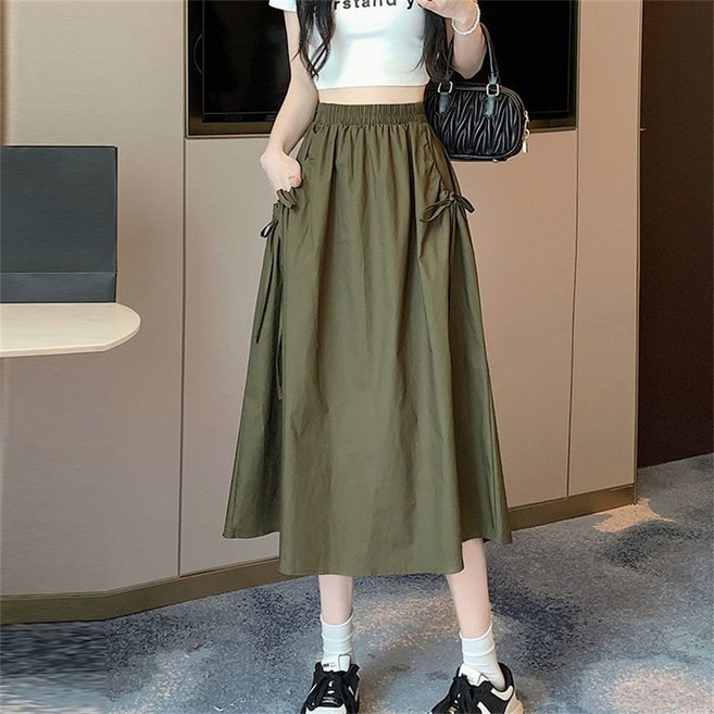 besteffie 여성용 봄여름 캐주얼 하이웨스트 밴딩 스커트 카고스커트 바스락 롱스커트 K37