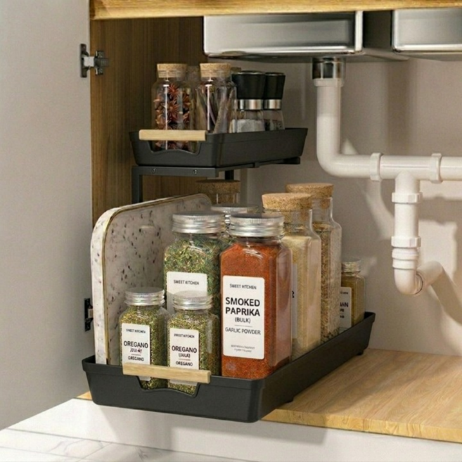 하루원픽 2단 슬라이딩 주방 선반, 1개, 블랙