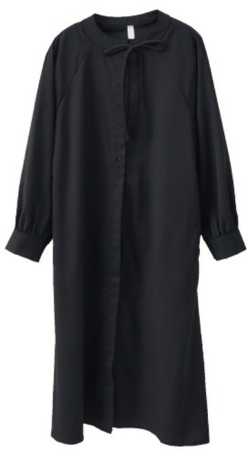 立領綁帶長襯衫洋裝 素色開釦, 黑(02)