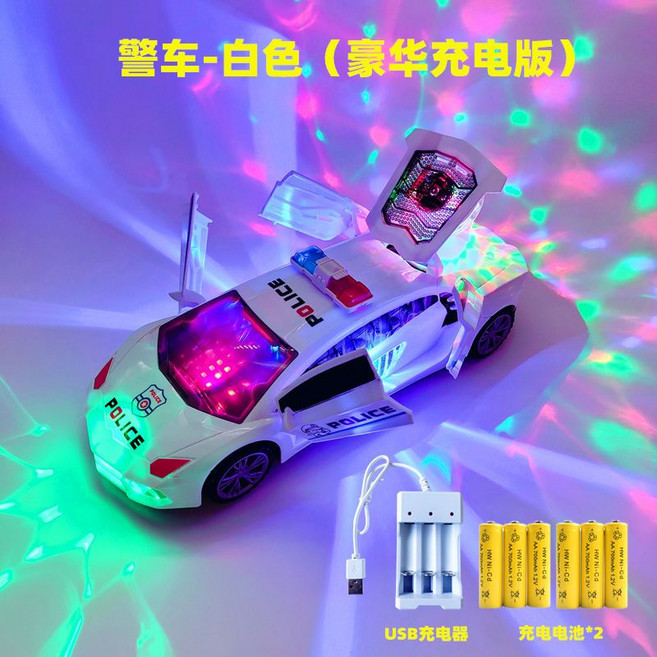 七彩燈光跳舞旋轉萬向警車 電動兒童玩具, 1個, 七彩萬向警車送充電電池*2+充電器