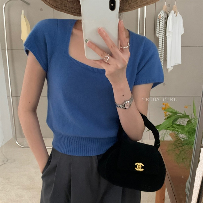 《杜達女孩》方領雲朵針織小衫 包心紗短袖薄針織