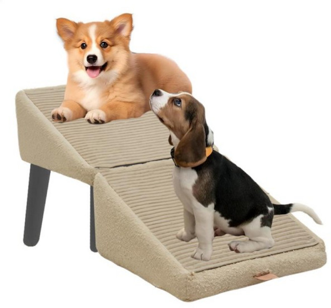 개 계단 나무 강아지 미끄럼 방지 부드러운 접이식 의자 조정 가능한 공간 절약형 회복 지원 고양이를위한 이동성 보조, 라이트 그레이, 1개