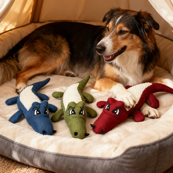 강아지 소리나는 장난감 봉제인형 삑삑이 바스락 반려견 악어장난감 터그놀이 분리불안해소, 빨간색, 1개