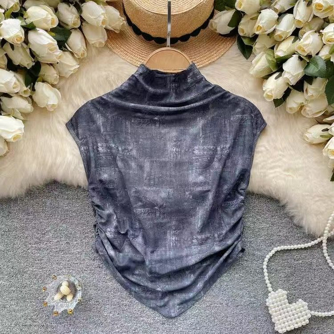 여성 여름 목폴라티 캐주얼 슬림핏 민소매 반폴라티 프렌치 언밸런스 여자 프린트 숏 반목티 빅사이즈 YJW