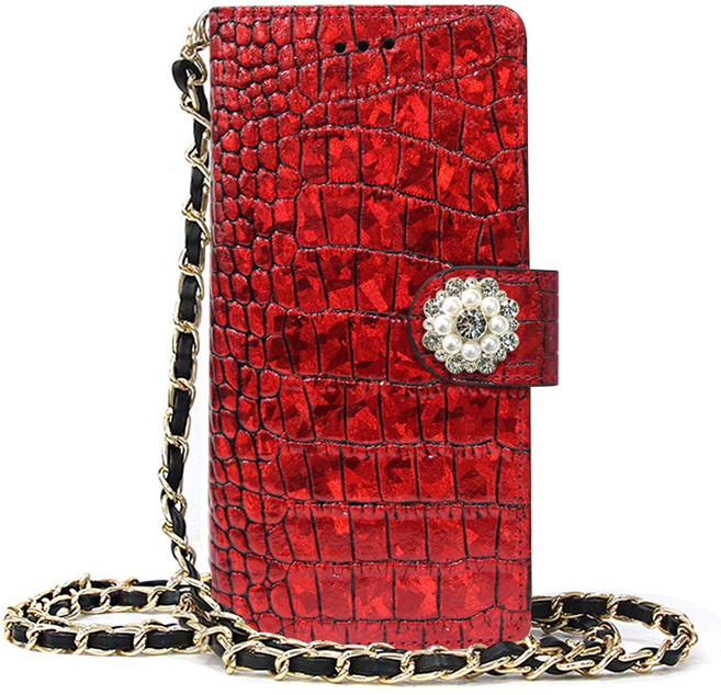 국내제작 소베크 악어무늬 천연소가죽 카드보호 및 수납 지폐수납 지갑형 숄더체인 롱체인 디자인 휴대폰케이스