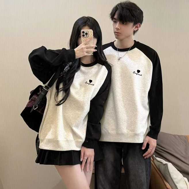 1+1 커플 맨투맨 티셔츠 캐주얼 봄 가을 긴팔티 루즈핏 배색 맨투맨 티셔츠 데일리 커플룩 상의 CY