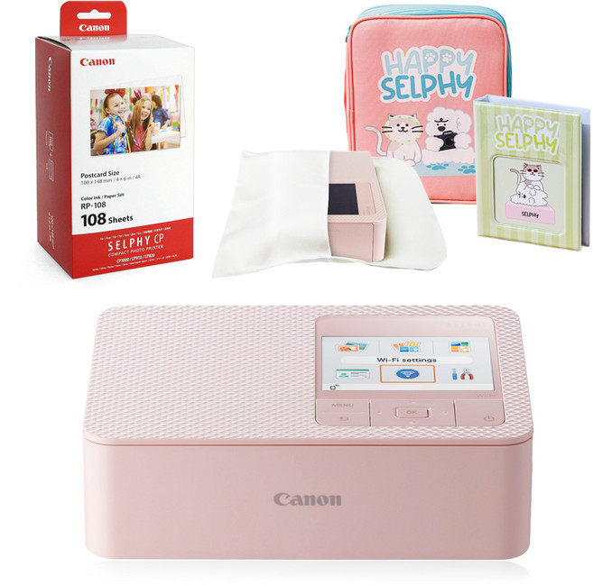 캐논 포토프린터 셀피 CP1500 + 인화지 108매(잉크포함) + 가젠파우치(포켓형) + 봄패키지, 핑크, 색상