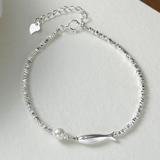 티큐 소원성취 재물 금전 s925 실버 비즈 진주 물고기 팔찌 A2112