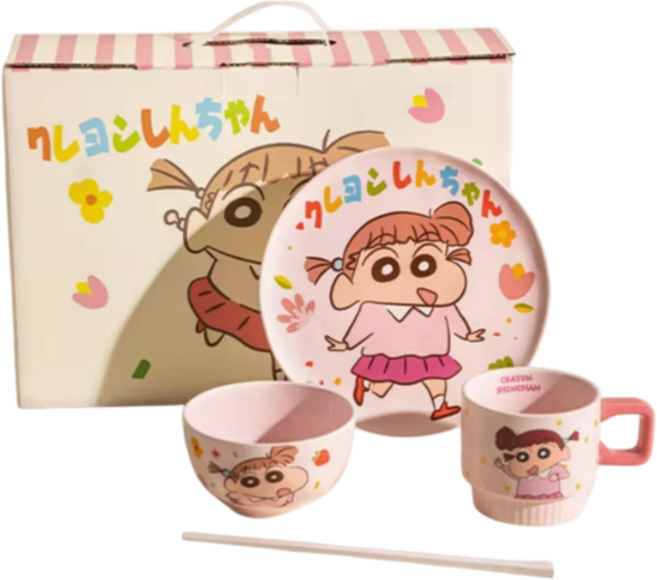 [그루비마켓] 공식 정품 짱구&유리 1인 식기 세트 캐릭터 짱구는 못 말려 1인 4종 세트 그릇 접시 컵 젓가락 세트 친구 생일 선물 추천, 02 유리 1인 4종 세트, 1개