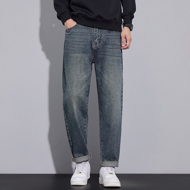 남성용 미세테이퍼드 일자 중허리 청바지 데일리 와이드팬츠 캐주얼 통바지 남자 청바지 팬츠