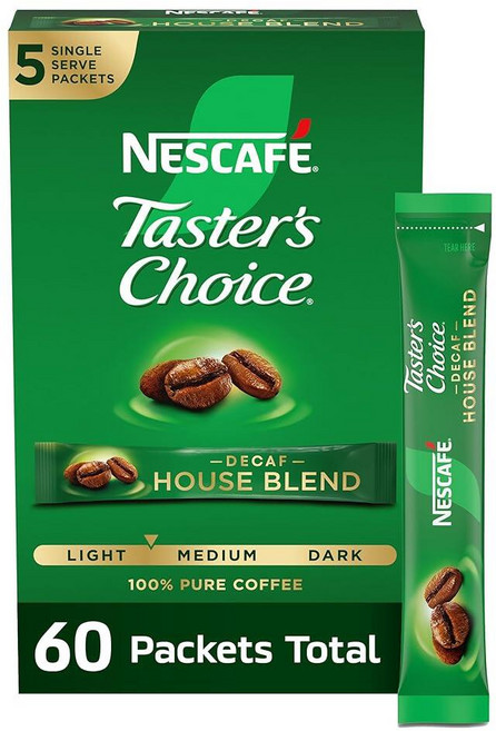 Nescafe Taster's Choice 디카페인 인스턴트 커피 하우스 블렌드 14.7g(0.5온스) (60개 팩 -12x5개), Nescafe Taster's Choice 디카페인 인
