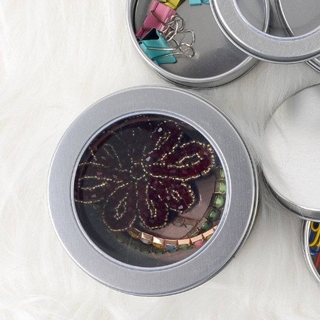 원형틴케이스 미니 다용도정리함 투명창 철제보관함, 90x35mm - 막힘, 1개