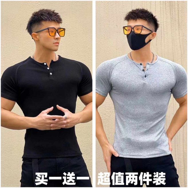 美式亨利領緊身肌肉短袖T恤 健身運動訓練休閒彈力修身健身衣衫