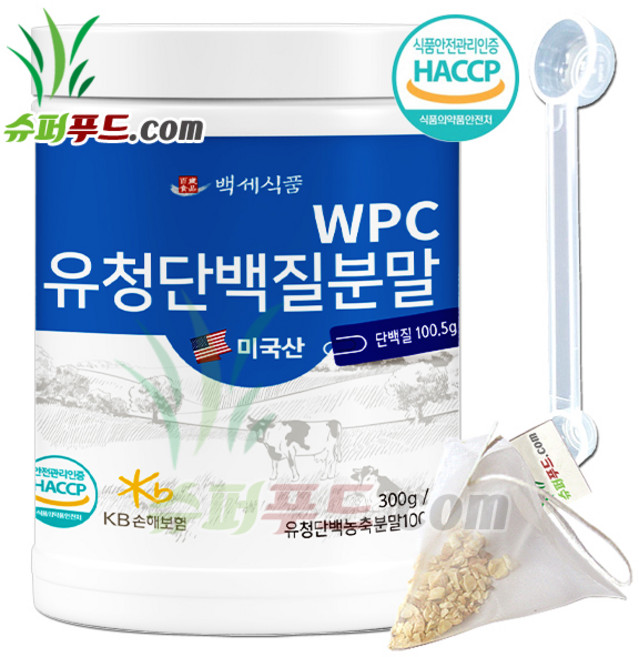HACCP 식약처인증 유청 단백질 농축 분말100% 완전단백질 아미노산 스코어 높은단백질 프로틴파우더 유청단백질분말 100% 식약청인증 +슈퍼푸드.com 연자육티백 프로틴, 300g, 1개