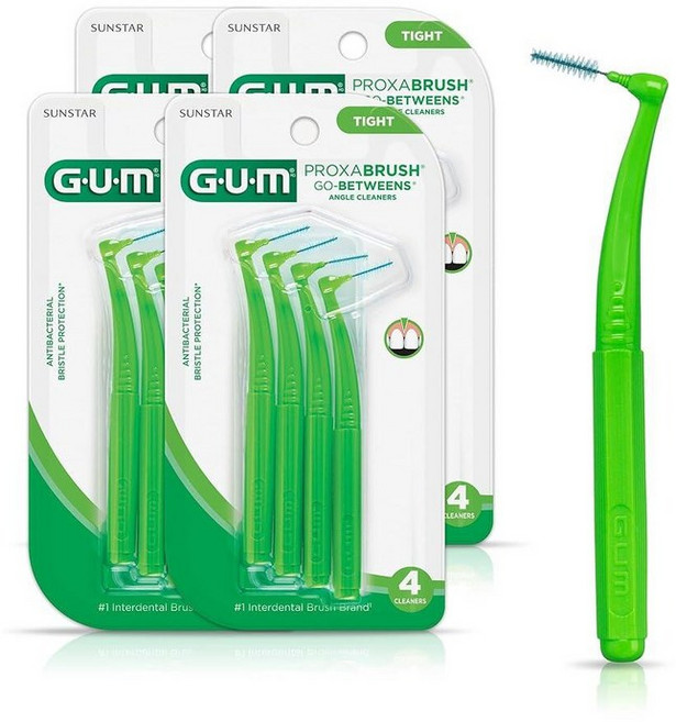 GUM Proxabrush Go-Betweens - 각진 치간 브러시 - 플라크 제거 건강을 위한 부드러운 빗살 덴탈 피크 - 교정기 및 치과 장치에 안전 4개입, 1 Count (Pack of 4)